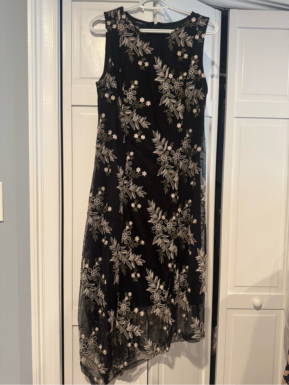 Alfani Black Midi Dress with Silver Floral Embroidery